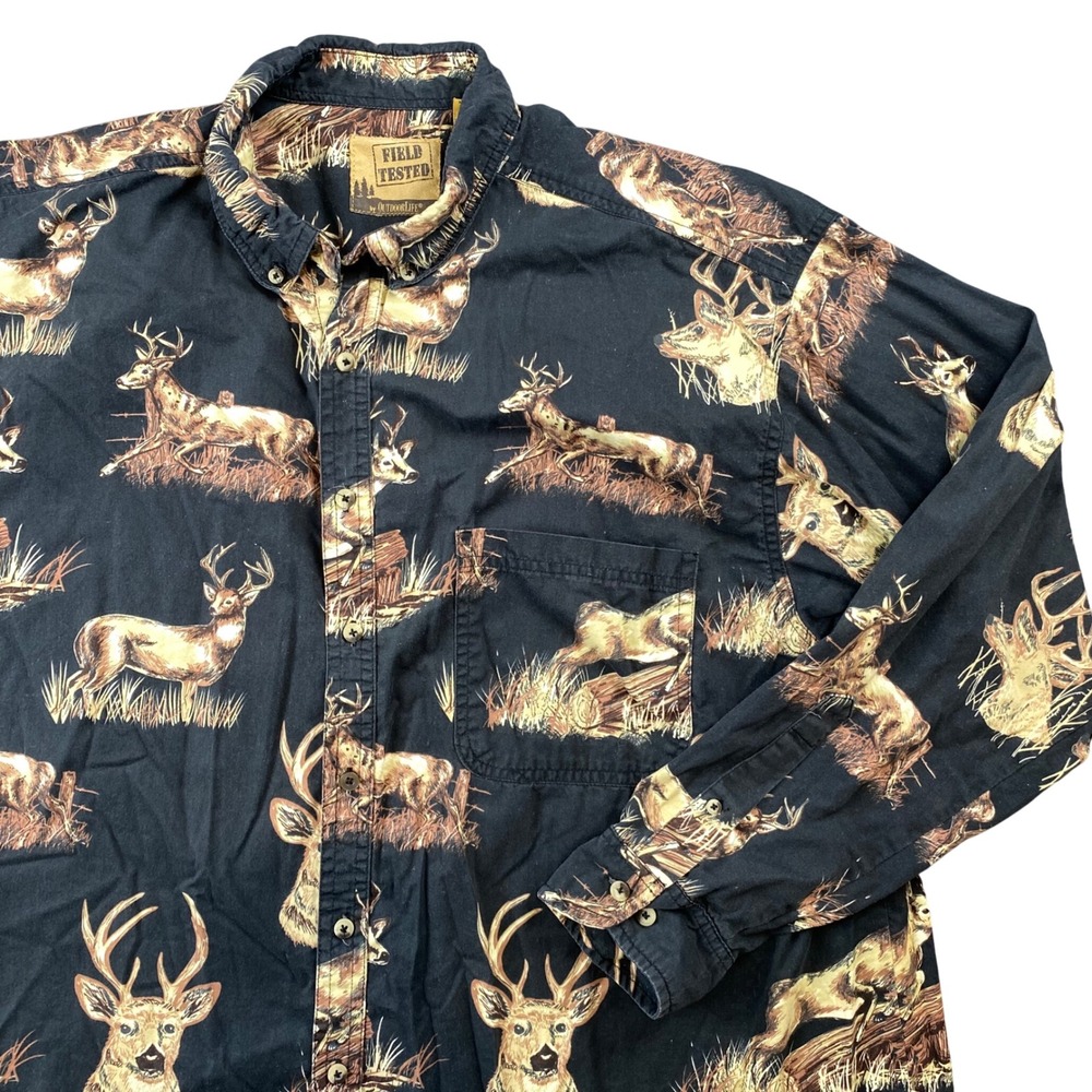 Vintage Field Tested Outdoor Life 2XL Deer Hunting Shirt Black Cotton Button Up